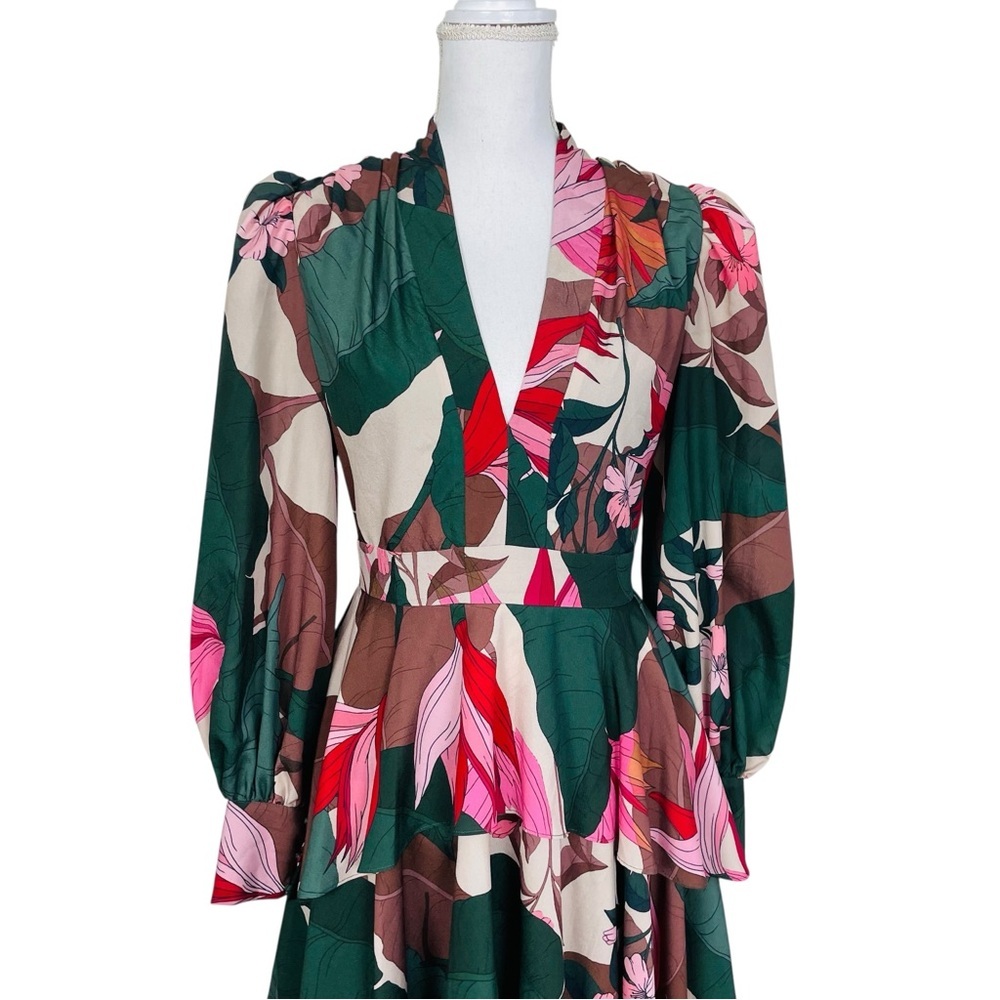 One 33 Social Green Tropical Floral Blouson-Sleeve Tiered Dress 6 - Picture 6 of 11